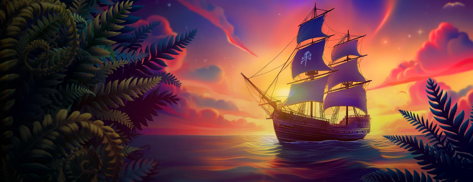 Kiwi's Treasure pirate ship sailing into a sunset